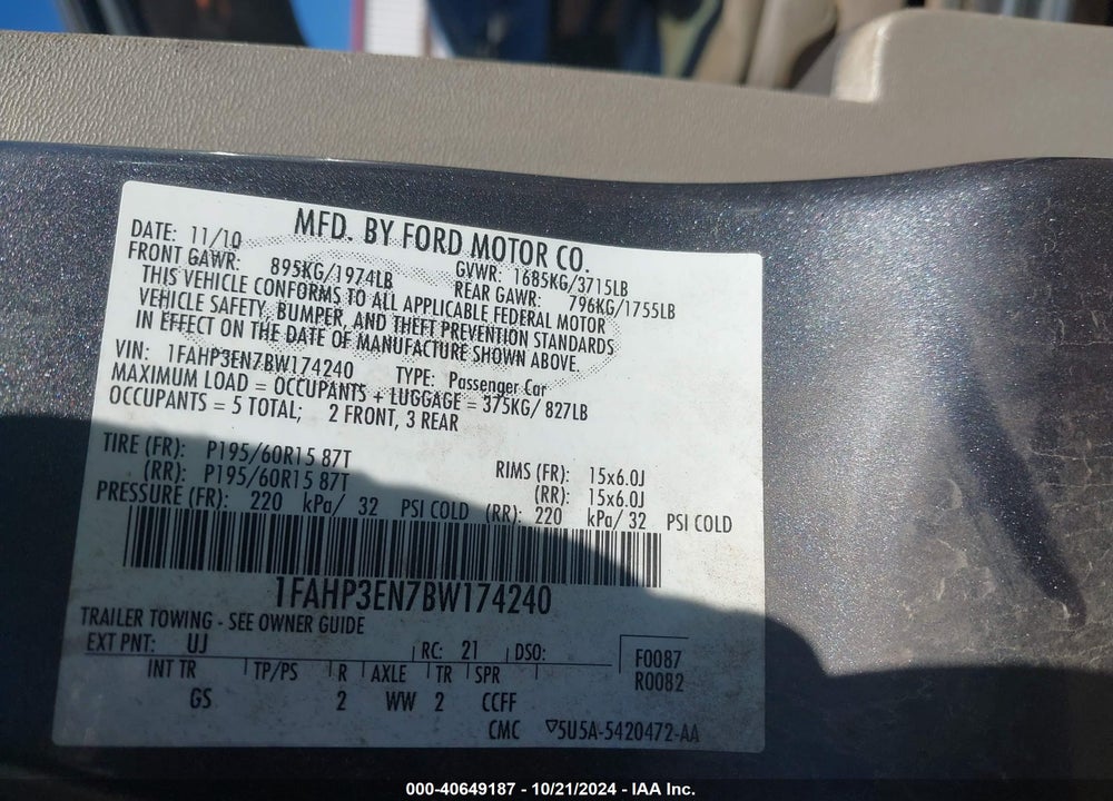 2011 FORD FOCUS S VIN: 1FAHP3EN7BW174240