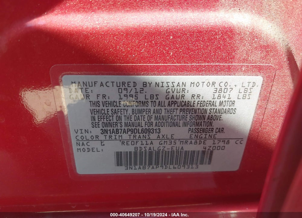 2013 NISSAN SENTRA SL VIN: 3N1AB7AP9DL609313