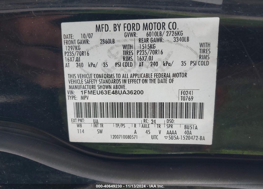 2008 FORD EXPLORER XLT VIN: 1FMEU63E48UA36200