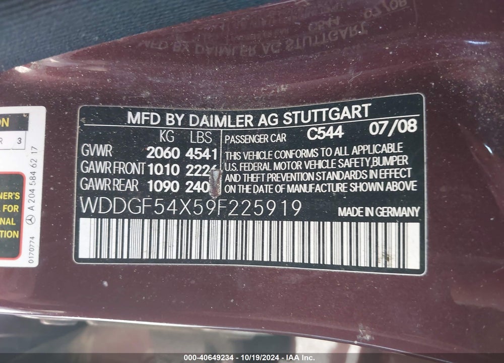 2009 MERCEDES-BENZ C 300 LUXURY/SPORT VIN: WDDGF54X59F225919