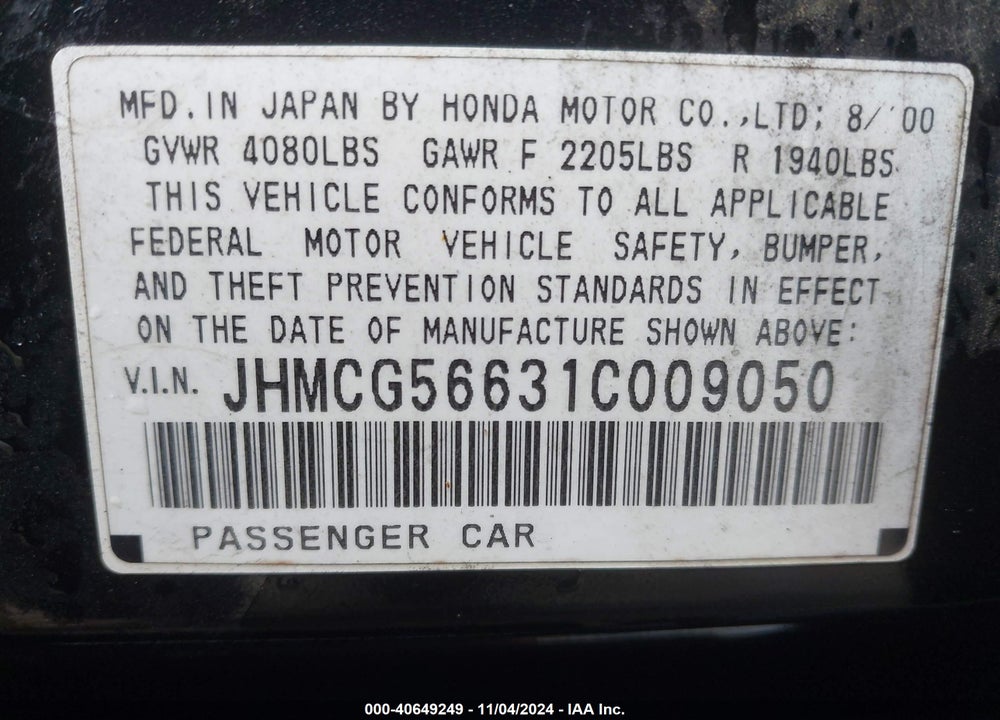 2001 HONDA ACCORD 2.3 EX VIN: JHMCG56631C009050