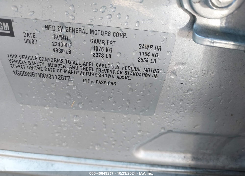 2008 CADILLAC STS V6 VIN: 1G6DW67VX80112677