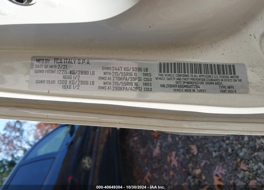 2021 RAM PROMASTER CITY TRADESMAN VIN: ZFBHRFAB6M6U17284