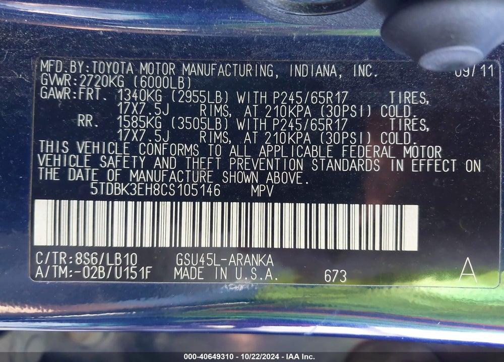 2012 TOYOTA HIGHLANDER SE V6 VIN: 5TDBK3EH8CS105146