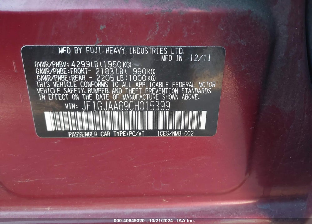 2012 SUBARU IMPREZA 2.0I VIN: JF1GJAA69CH015399