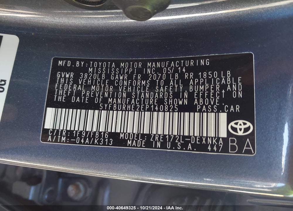 2014 TOYOTA COROLLA LE VIN: 5YFBURHE2EP140825