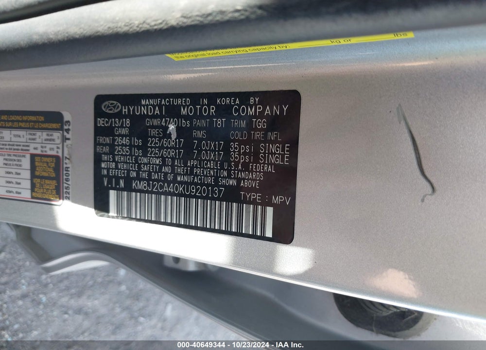2019 HYUNDAI TUCSON SE VIN: KM8J2CA40KU920137
