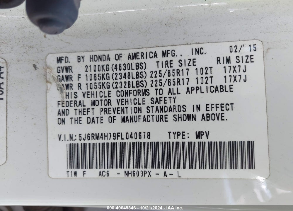 2015 HONDA CR-V EX-L VIN: 5J6RM4H79FL040678