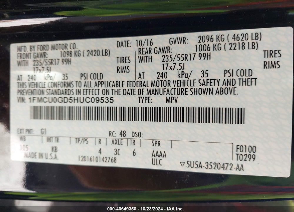 2017 FORD ESCAPE SE VIN: 1FMCU0GD5HUC09535