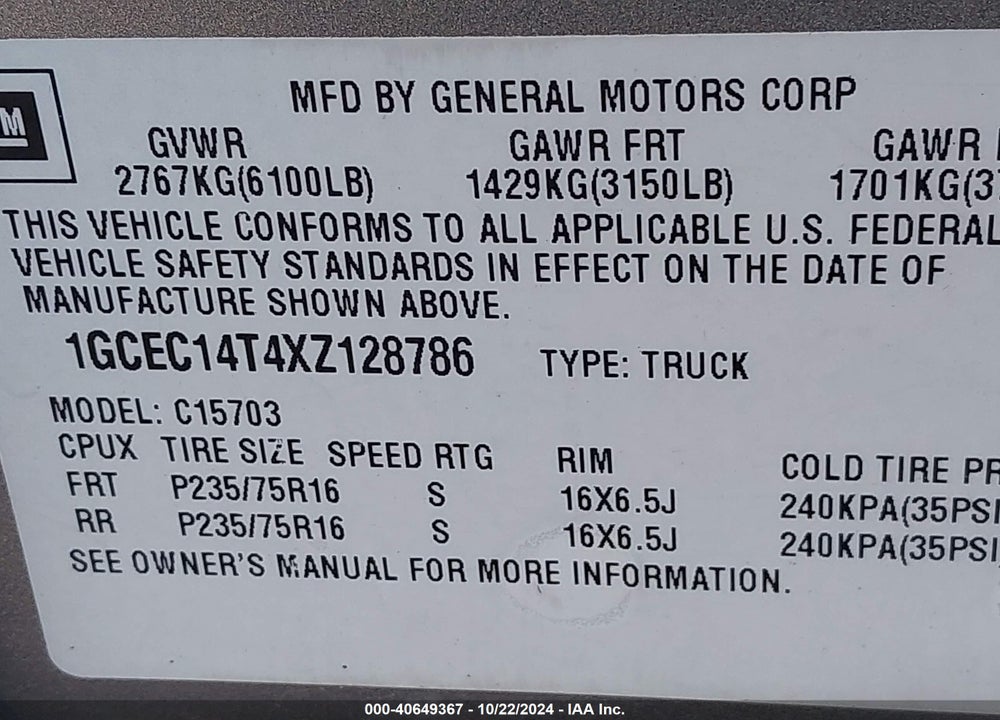 1999 CHEVROLET SILVERADO 1500 LS VIN: 1GCEC14T4XZ128786