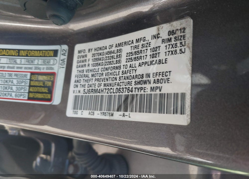 2012 HONDA CR-V EX-L VIN: 5J6RM4H72CL063764