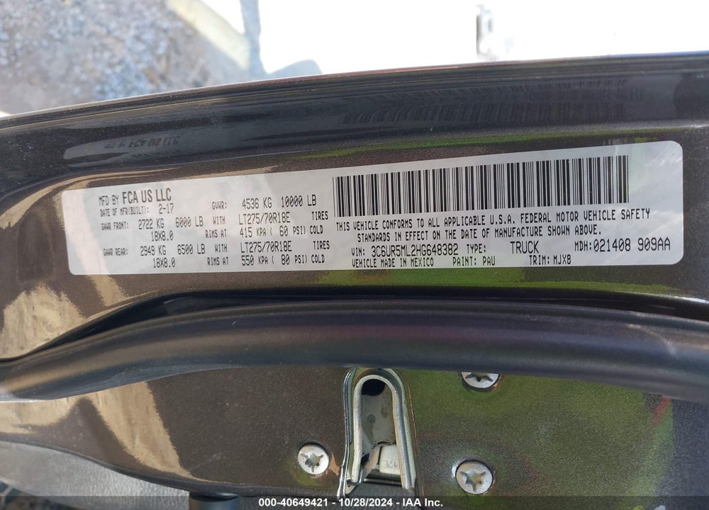 2017 RAM 2500 VIN: 3C6UR5ML2HG648382