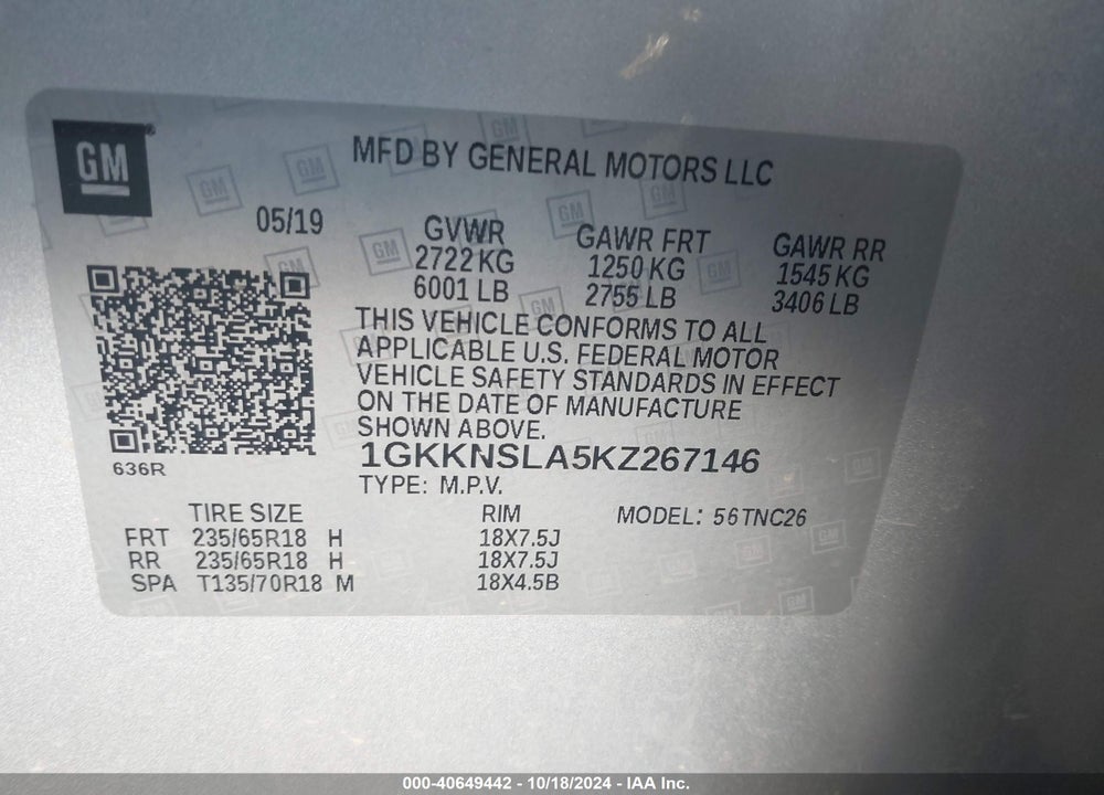 2019 GMC ACADIA SLE-2 VIN: 1GKKNSLA5KZ267146
