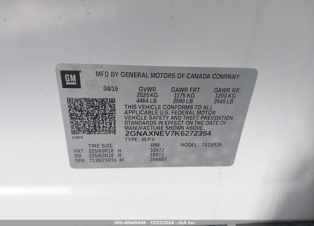 2019 CHEVROLET EQUINOX PREMIER VIN: 2GNAXNEV7K6272354