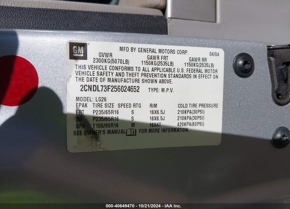 2005 CHEVROLET EQUINOX LT VIN: 2CNDL73F256024652