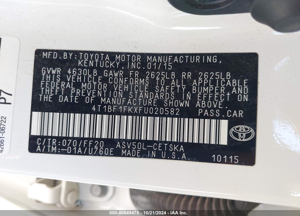 2015 TOYOTA CAMRY SE VIN: 4T1BF1FKXFU020582