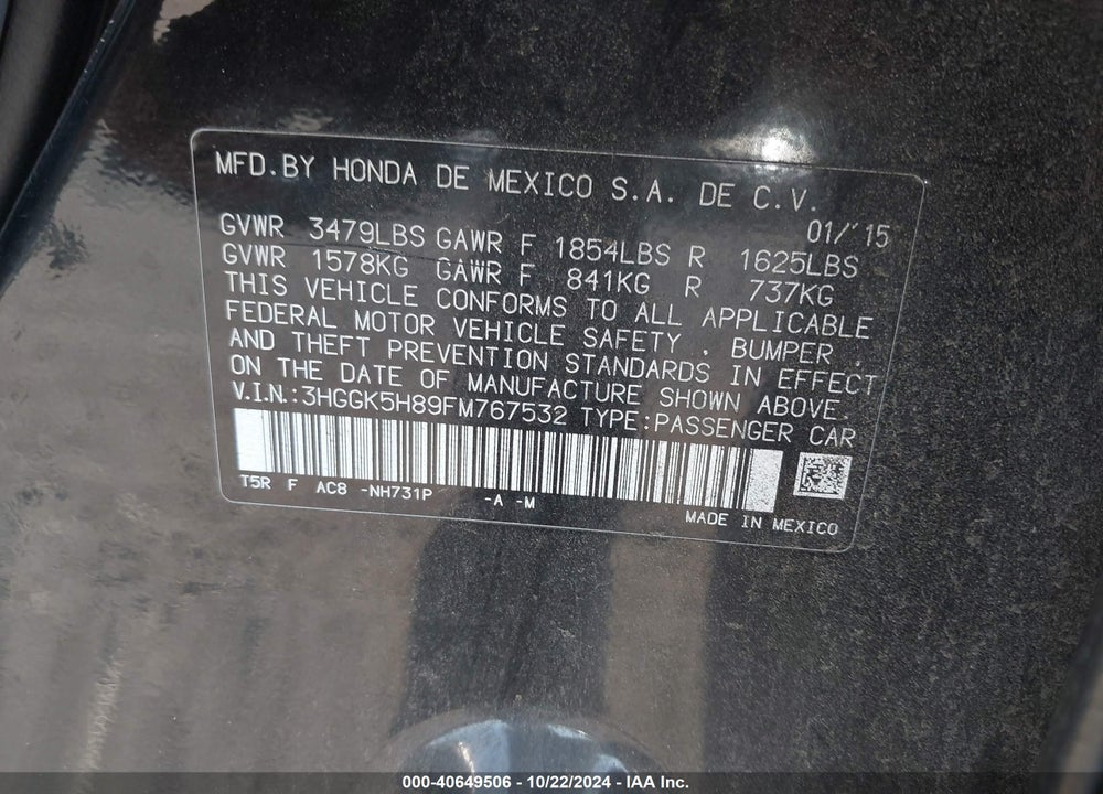 2015 HONDA FIT EX/EX-L VIN: 3HGGK5H89FM767532
