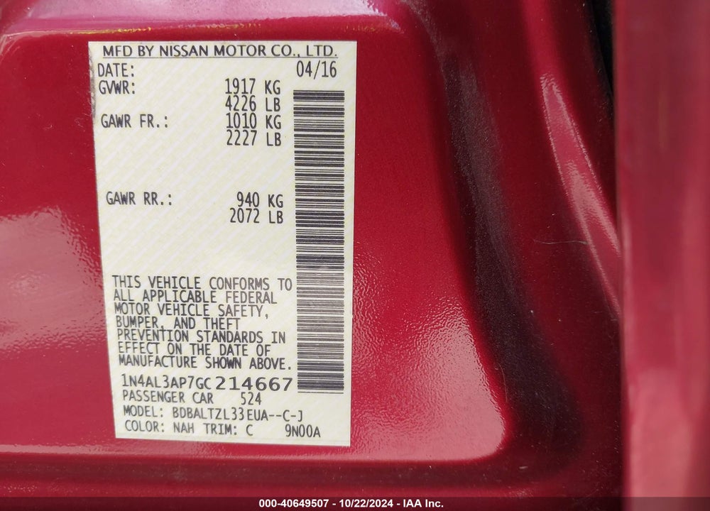 2016 NISSAN ALTIMA 2.5 SL VIN: 1N4AL3AP7GC214667