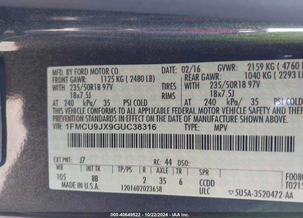 2016 FORD ESCAPE TITANIUM VIN: 1FMCU9JX9GUC38316