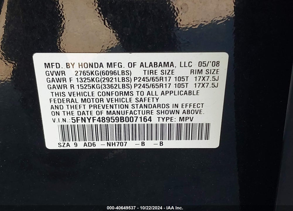 2009 HONDA PILOT TOURING VIN: 5FNYF48959B007164
