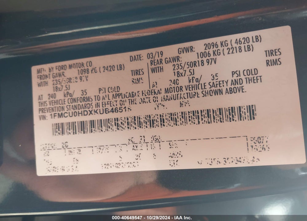 2019 FORD ESCAPE SEL VIN: 1FMCU0HDXKUB46518