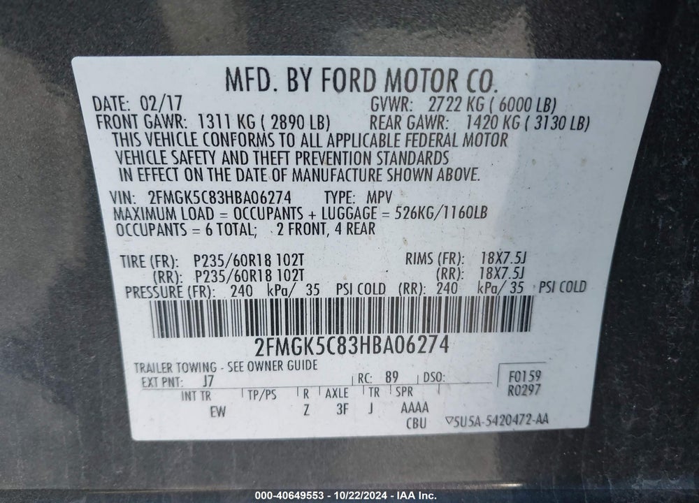 2017 FORD FLEX SEL VIN: 2FMGK5C83HBA06274