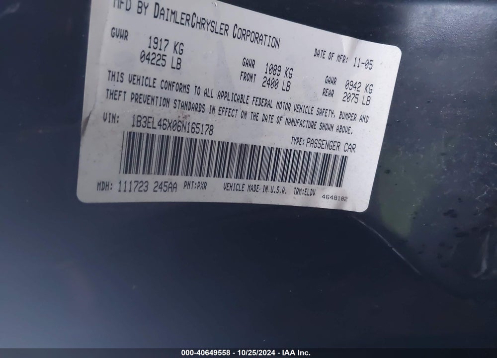 2006 DODGE STRATUS SXT VIN: 1B3EL46X06N165178
