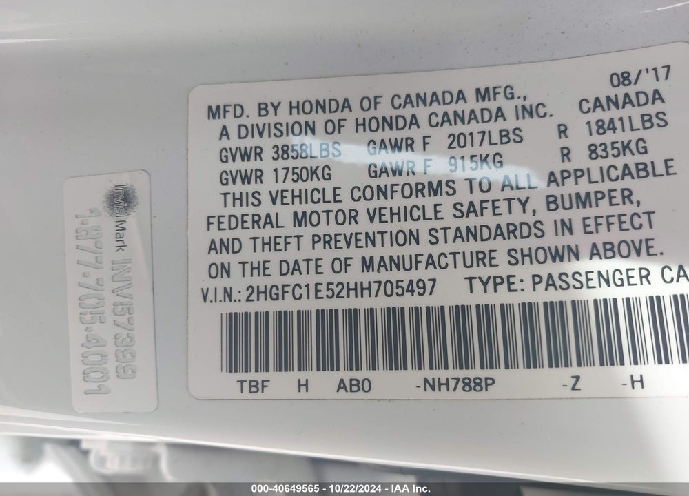 2017 HONDA CIVIC SI VIN: 2HGFC1E52HH705497