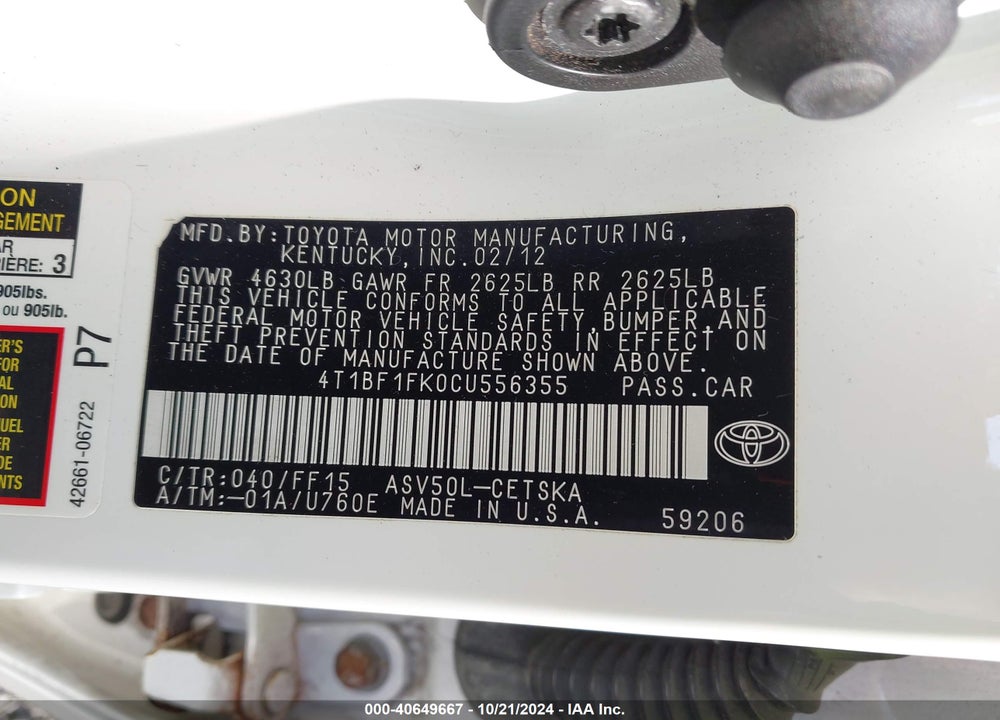 2012 TOYOTA CAMRY SE VIN: 4T1BF1FK0CU556355