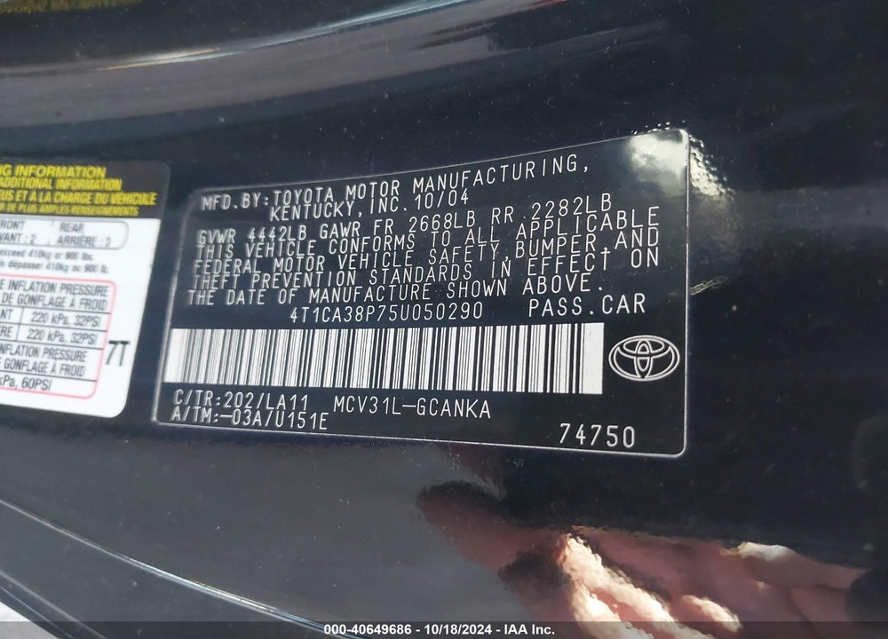 2005 TOYOTA CAMRY SOLARA SE SPORT V6 VIN: 4T1CA38P75U050290