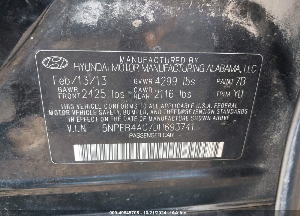 2013 HYUNDAI SONATA GLS VIN: 5NPEB4AC7DH693741