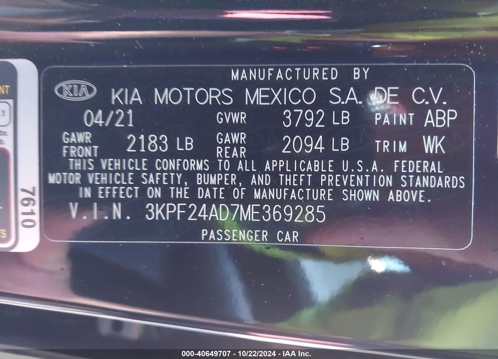 2021 KIA FORTE LXS VIN: 3KPF24AD7ME369285