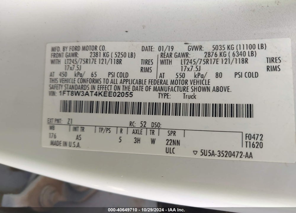 2019 FORD F-350 XL VIN: 1FT8W3AT4KEE02055