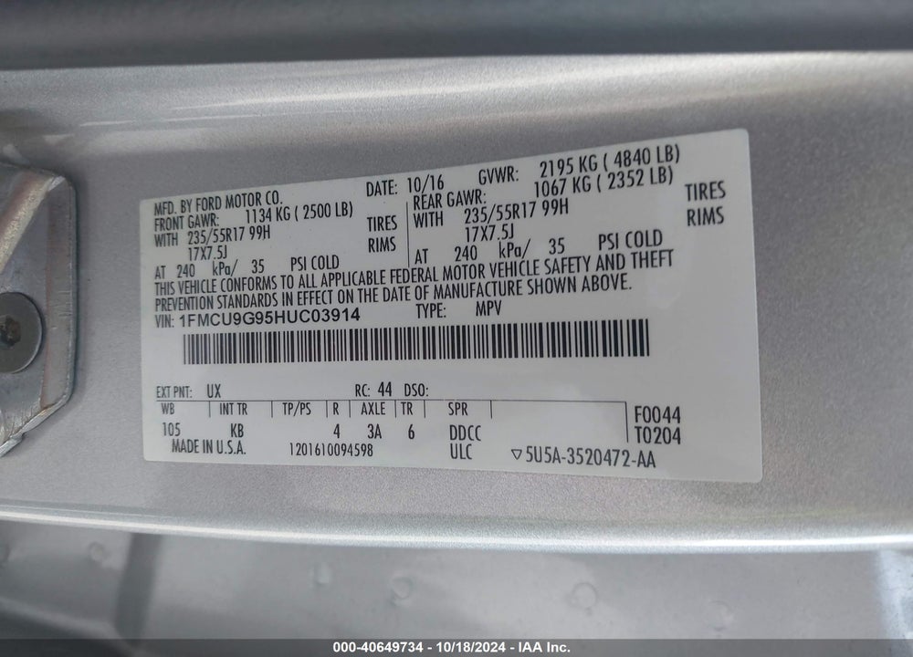 2017 FORD ESCAPE SE VIN: 1FMCU9G95HUC03914