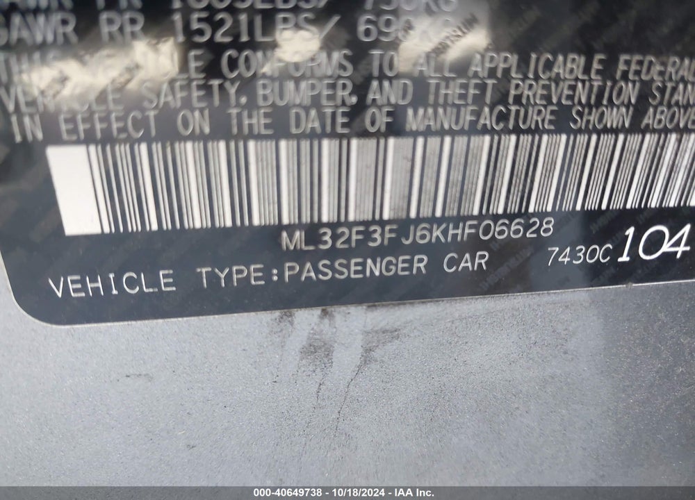 2019 MITSUBISHI MIRAGE G4 ES VIN: ML32F3FJ6KHF06628