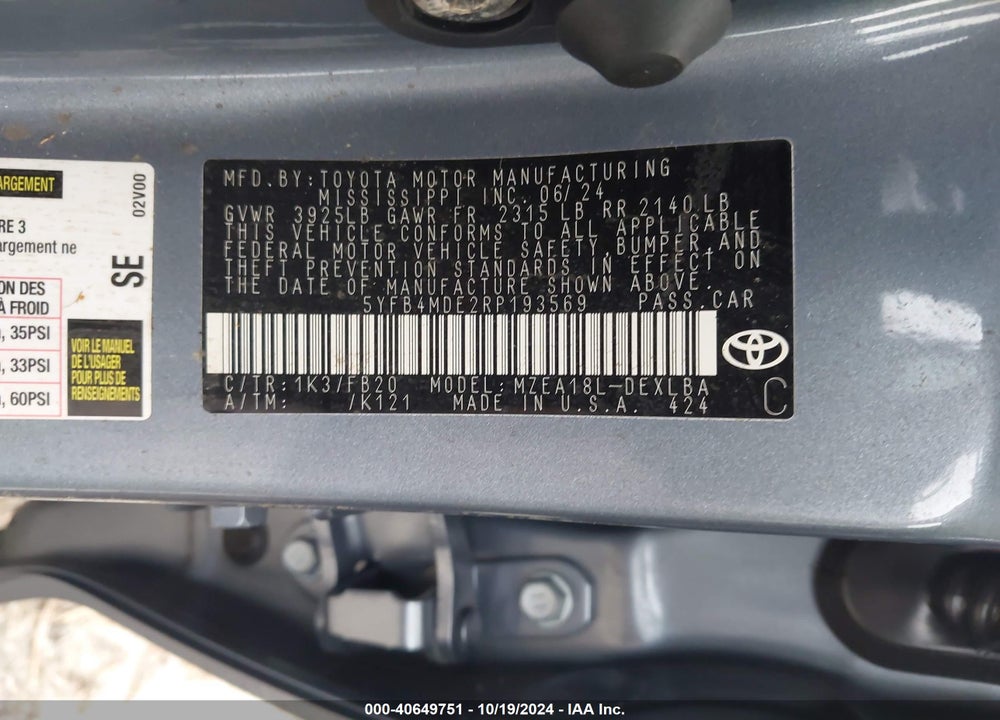 2024 TOYOTA COROLLA LE VIN: 5YFB4MDE2RP193569