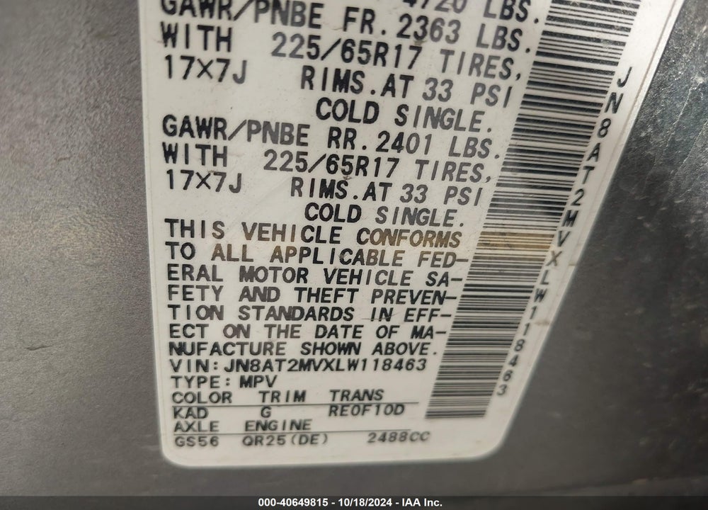 2020 NISSAN ROGUE VIN: JN8AT2MVXLW118463