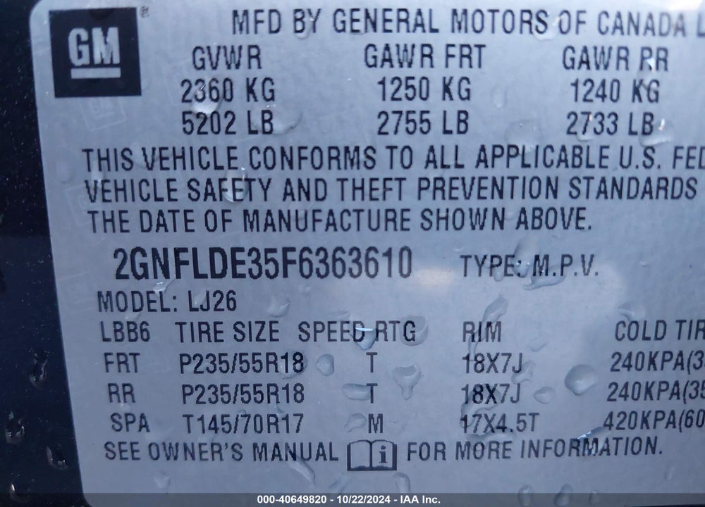 2015 CHEVROLET EQUINOX LTZ VIN: 2GNFLDE35F6363610