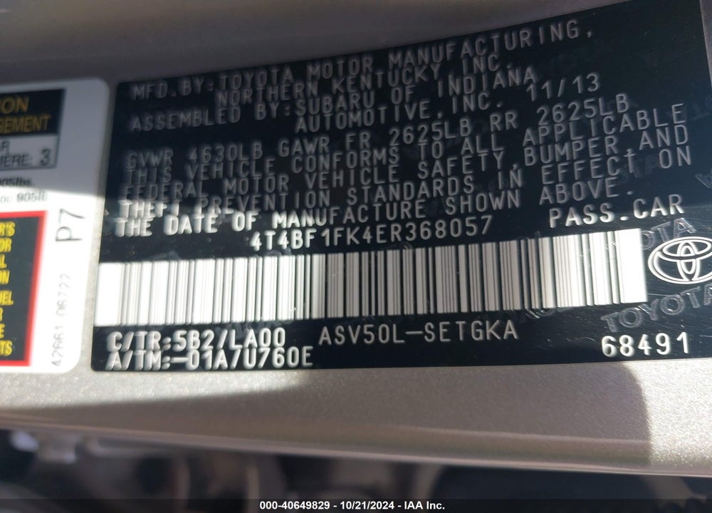2014 TOYOTA CAMRY XLE VIN: 4T4BF1FK4ER368057