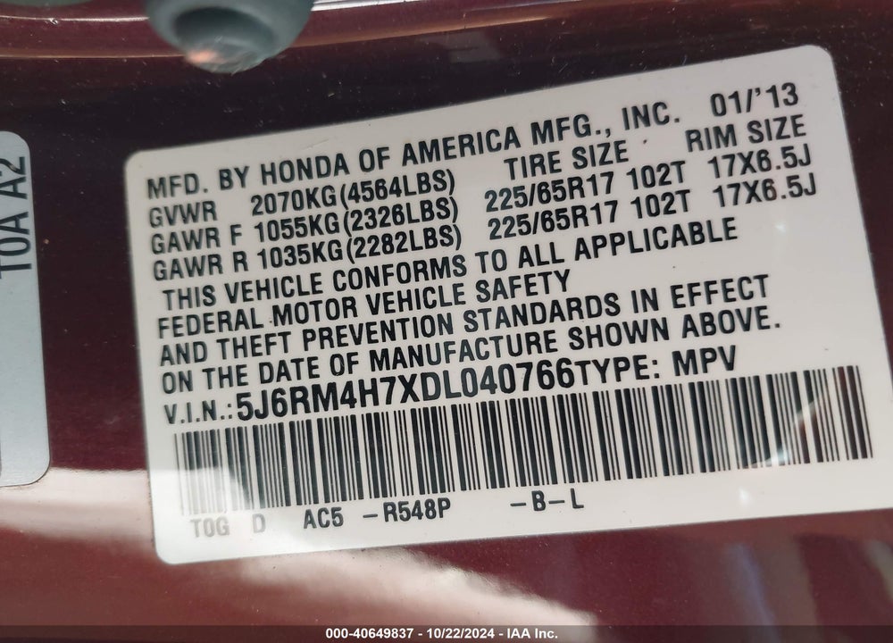 2013 HONDA CR-V EX-L VIN: 5J6RM4H7XDL040766