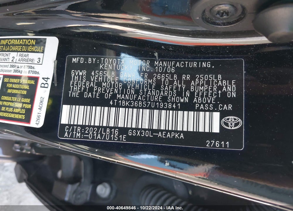 2007 TOYOTA AVALON LIMITED VIN: 4T1BK36B57U193841