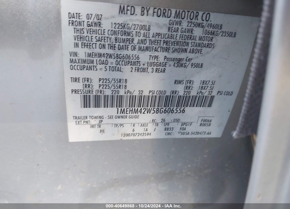 2008 PREMIER MERCURY SABLE VIN: 1MEHM42W58G606556