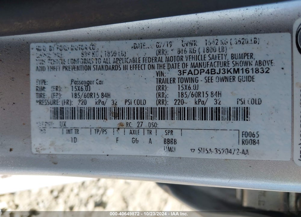 2019 FORD FIESTA SE VIN: 3FADP4BJ3KM161832