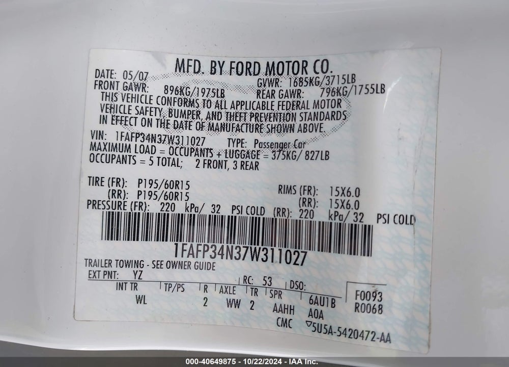 2007 FORD FOCUS S/SE/SES VIN: 1FAFP34N37W311027