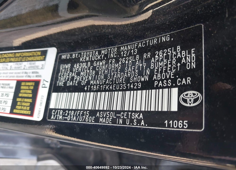 2014 TOYOTA CAMRY SE VIN: 4T1BF1FK4EU351429