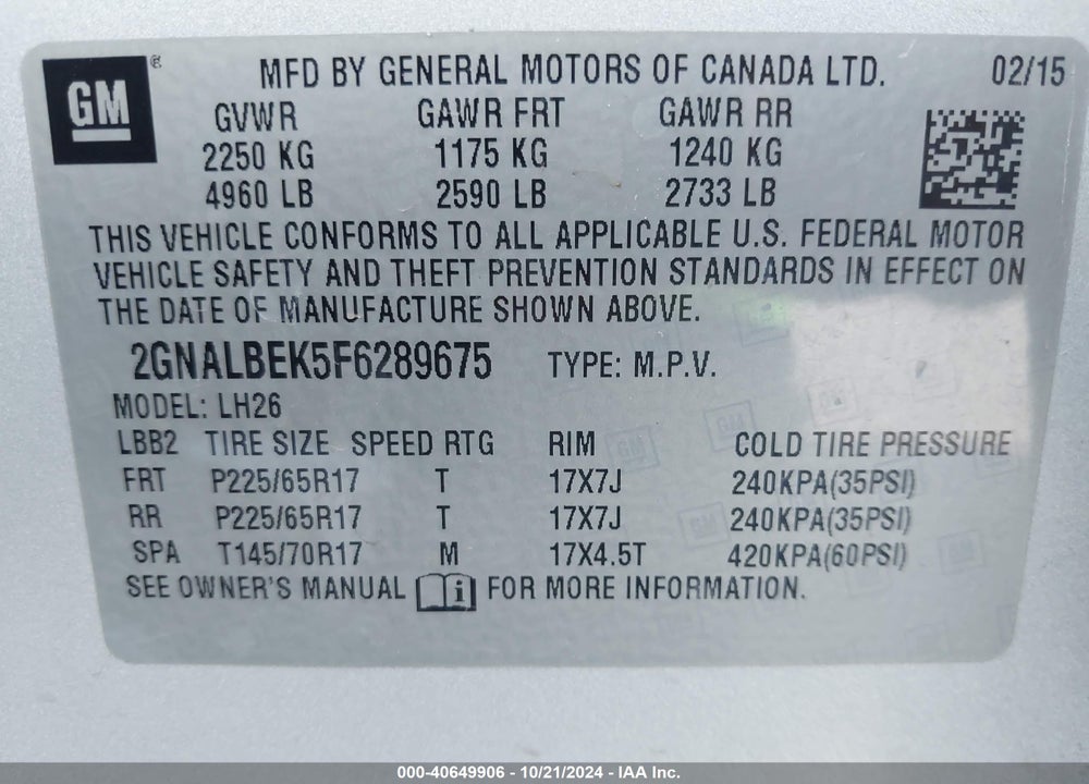 2015 CHEVROLET EQUINOX 1LT VIN: 2GNALBEK5F6289675