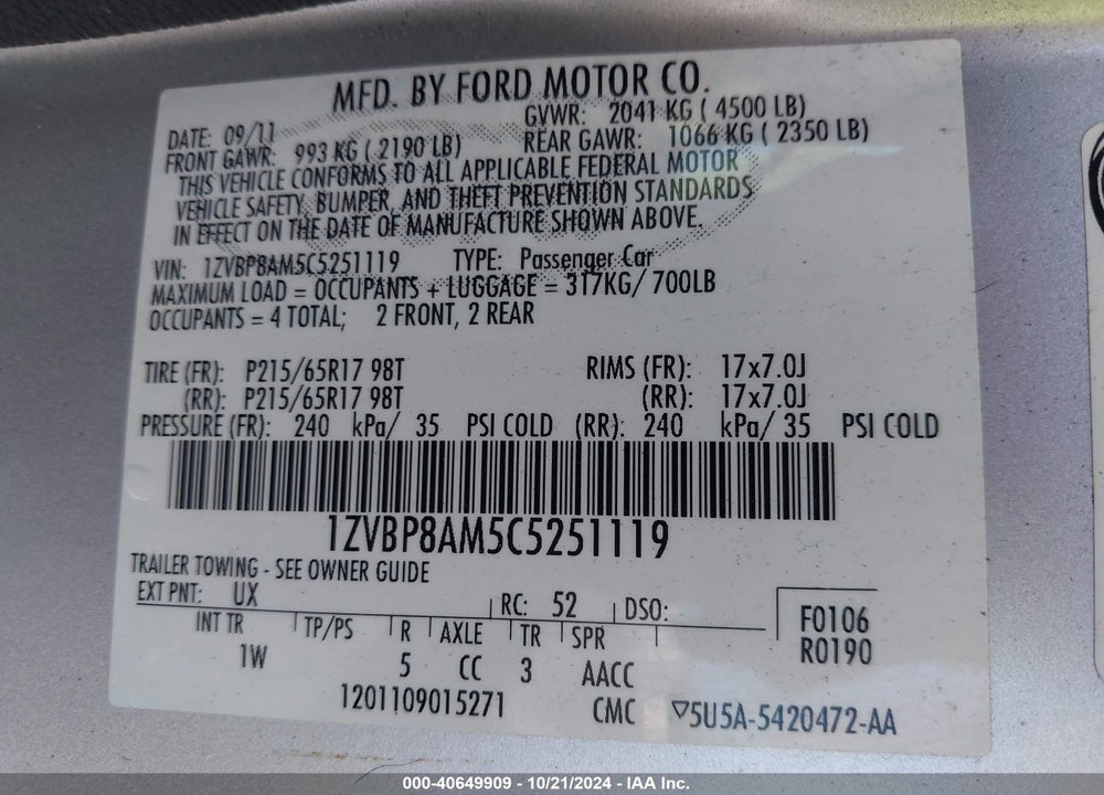 2012 FORD MUSTANG V6 VIN: 1ZVBP8AM5C5251119