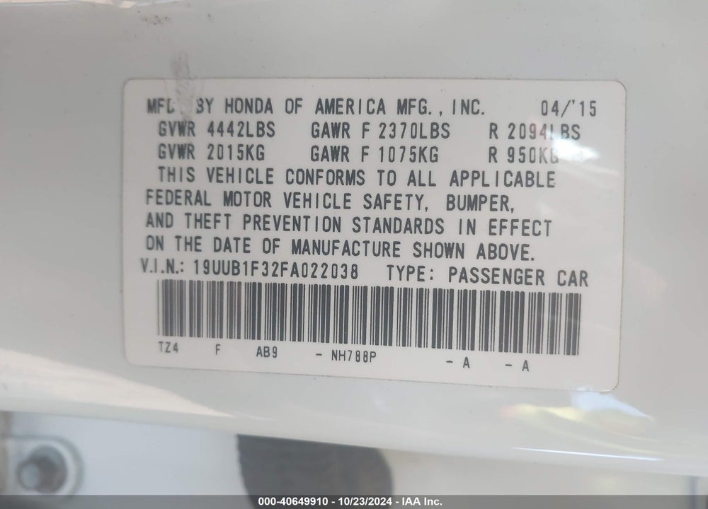 2015 ACURA TLX VIN: 19UUB1F32FA022038