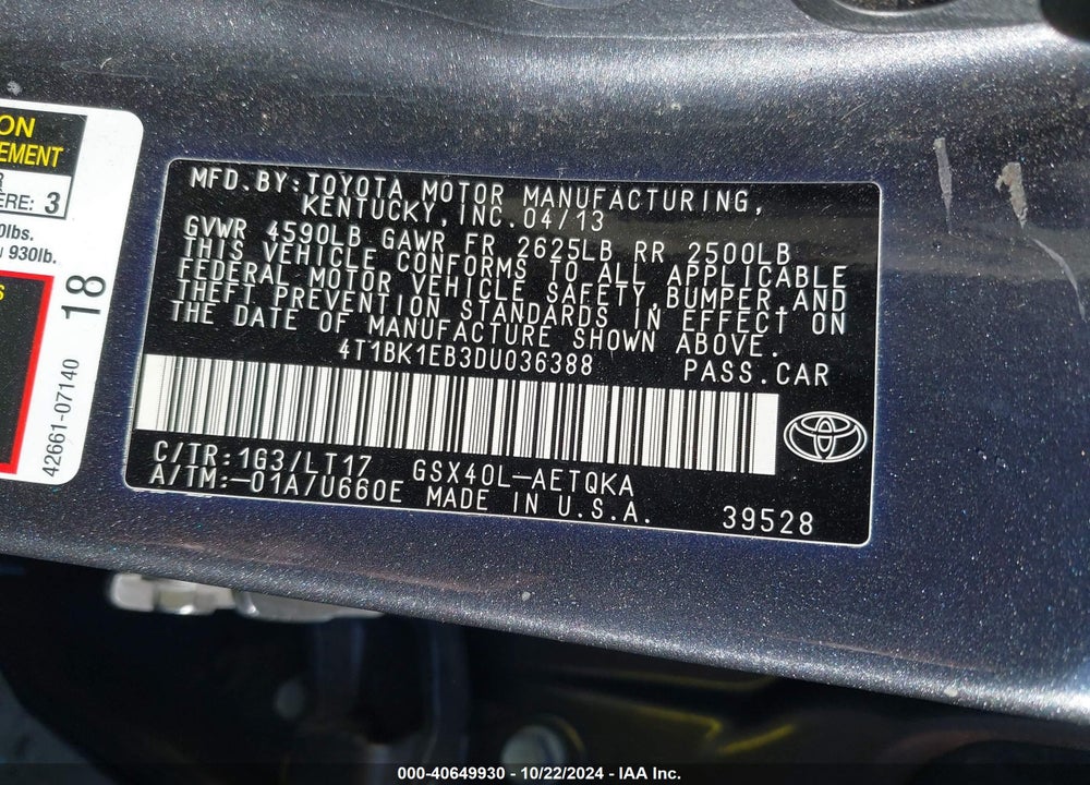 2013 TOYOTA AVALON XLE TOURING VIN: 4T1BK1EB3DU036388