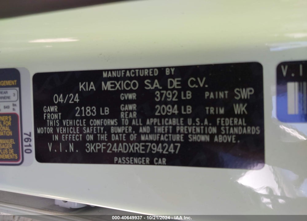 2024 KIA FORTE LXS VIN: 3KPF24ADXRE794247